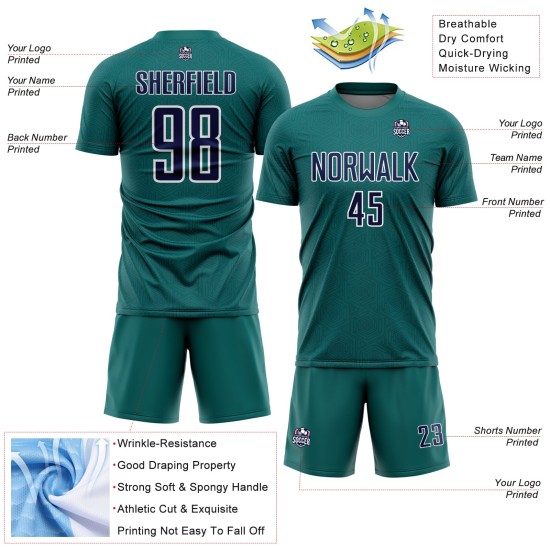 Custom Geometric Teal Jersey Navy-White Soccer Sports Shape Sublimation Uniform